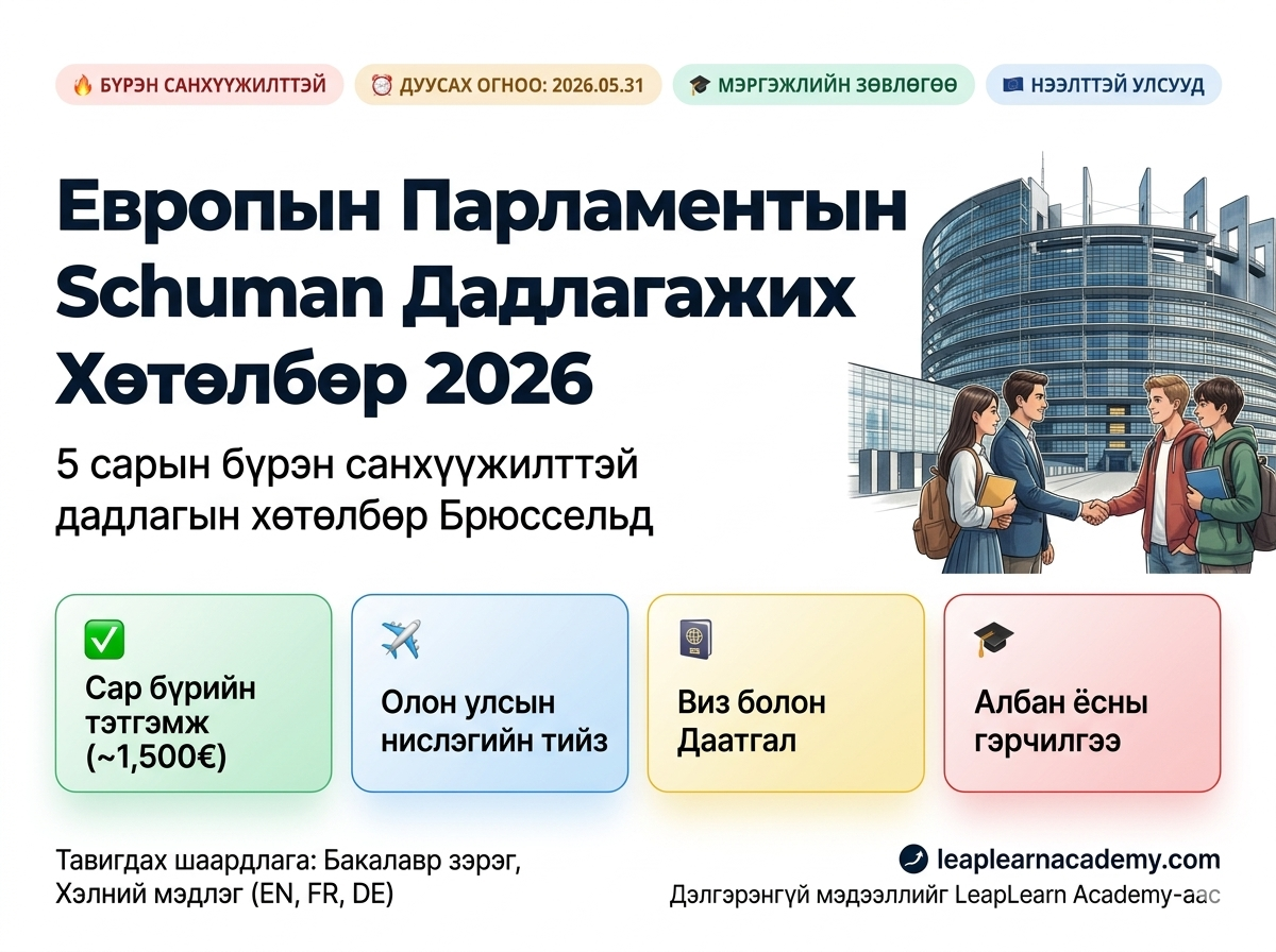 Европын Парламентын Schuman дадлагажих хөтөлбөр 2026 бүрэн санхүүжилттэй тэтгэлэг LeapLearn Academy