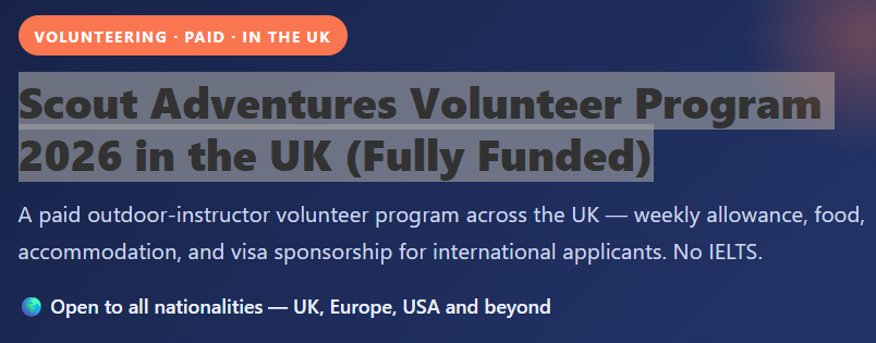 Scout Adventures Volunteer Program 2026 in the UK (Fully Funded) Scout Adventures Volunteer Program 2026 UK paid outdoor instructor fully funded visa sponsorship Leap Learn Academy banner